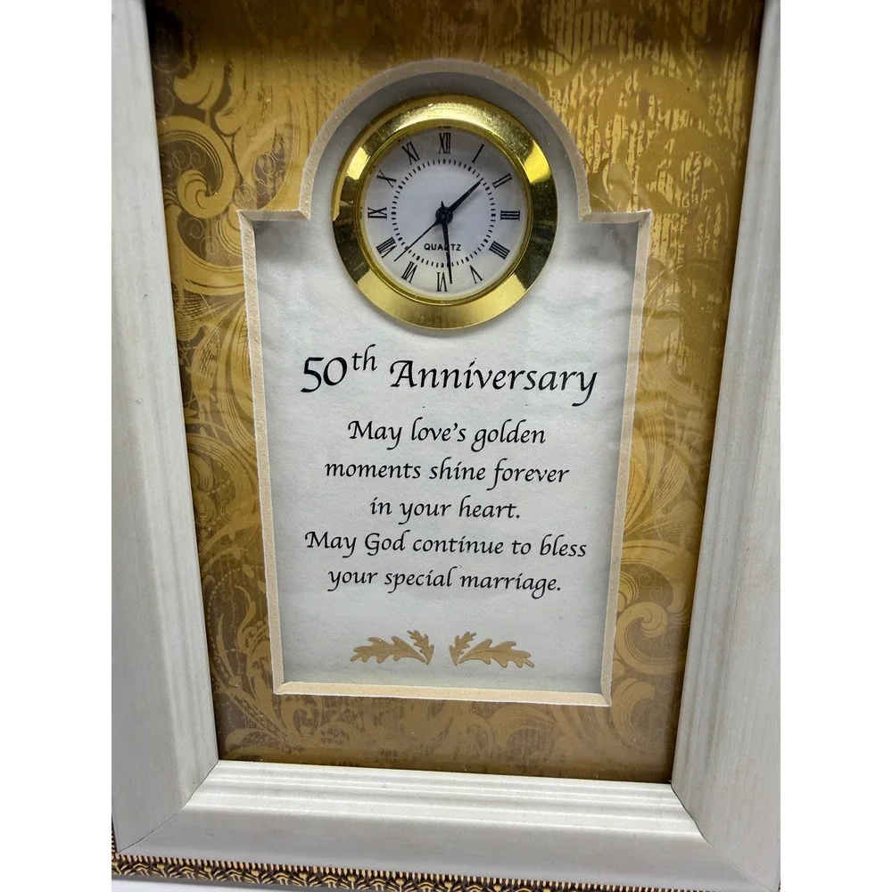 50th Anniversary Picture Frame with Quartz Clock Gold Cream Marriage Blessing